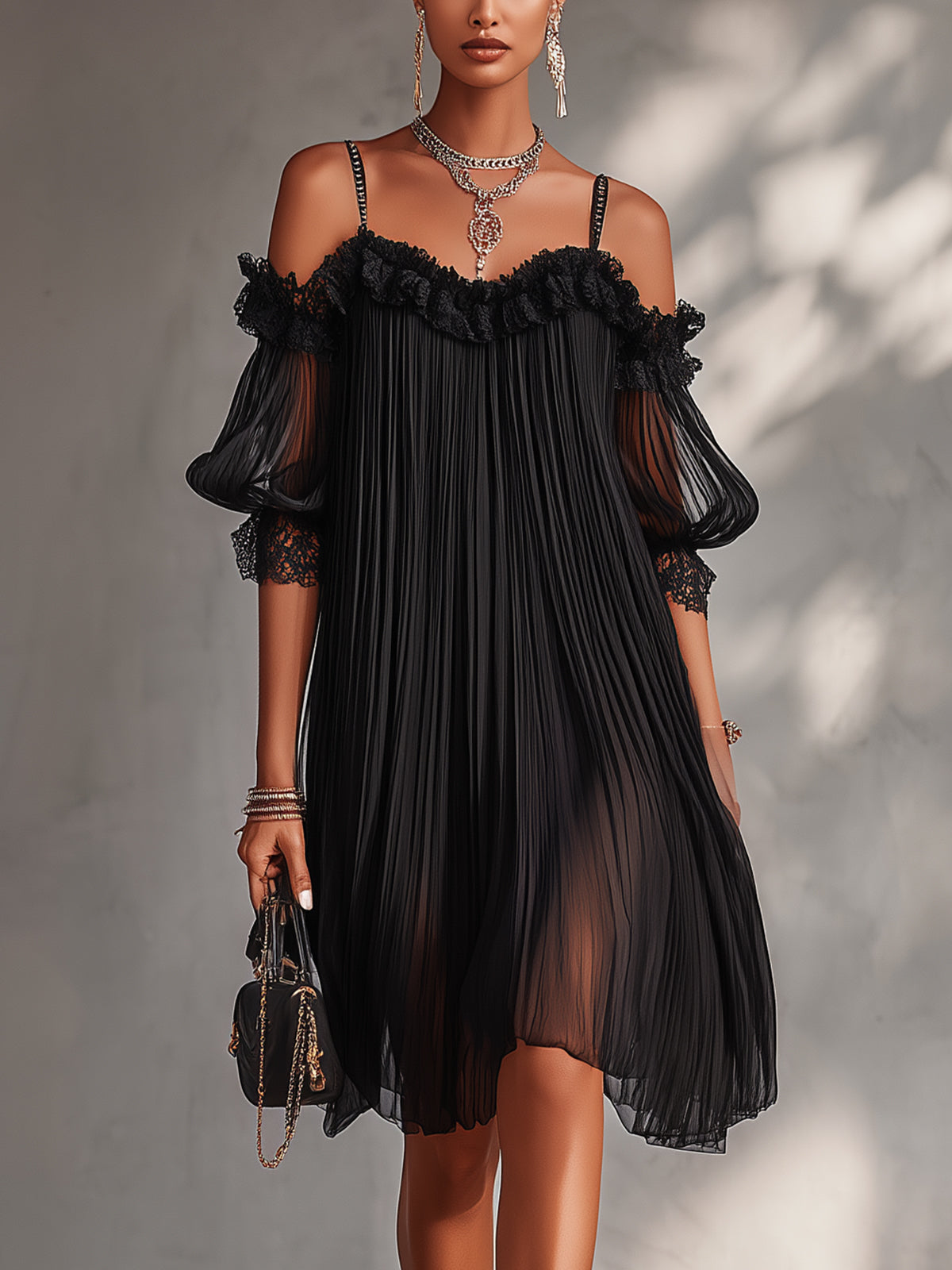 Hannelore – Schwarzes Spitzenkleid mit Chiffonärmeln