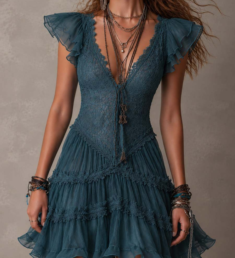 Elfriede – Blaues Spitzenkleid mit Volants