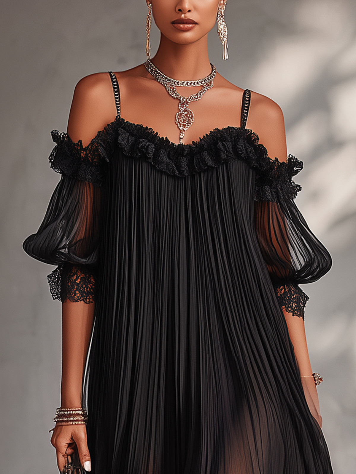 Hannelore – Schwarzes Spitzenkleid mit Chiffonärmeln