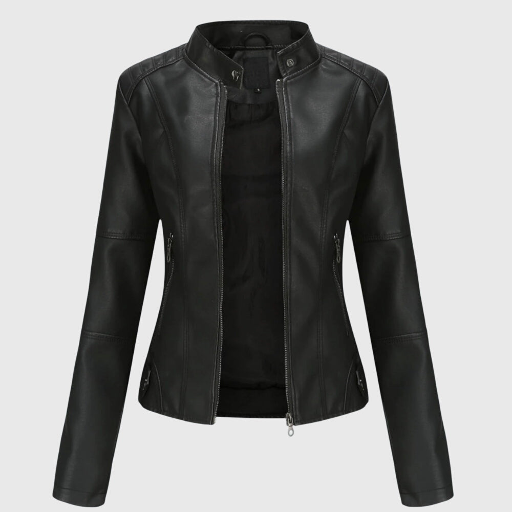 Giorgina – Schwarze Lederjacke mit Stehkragen