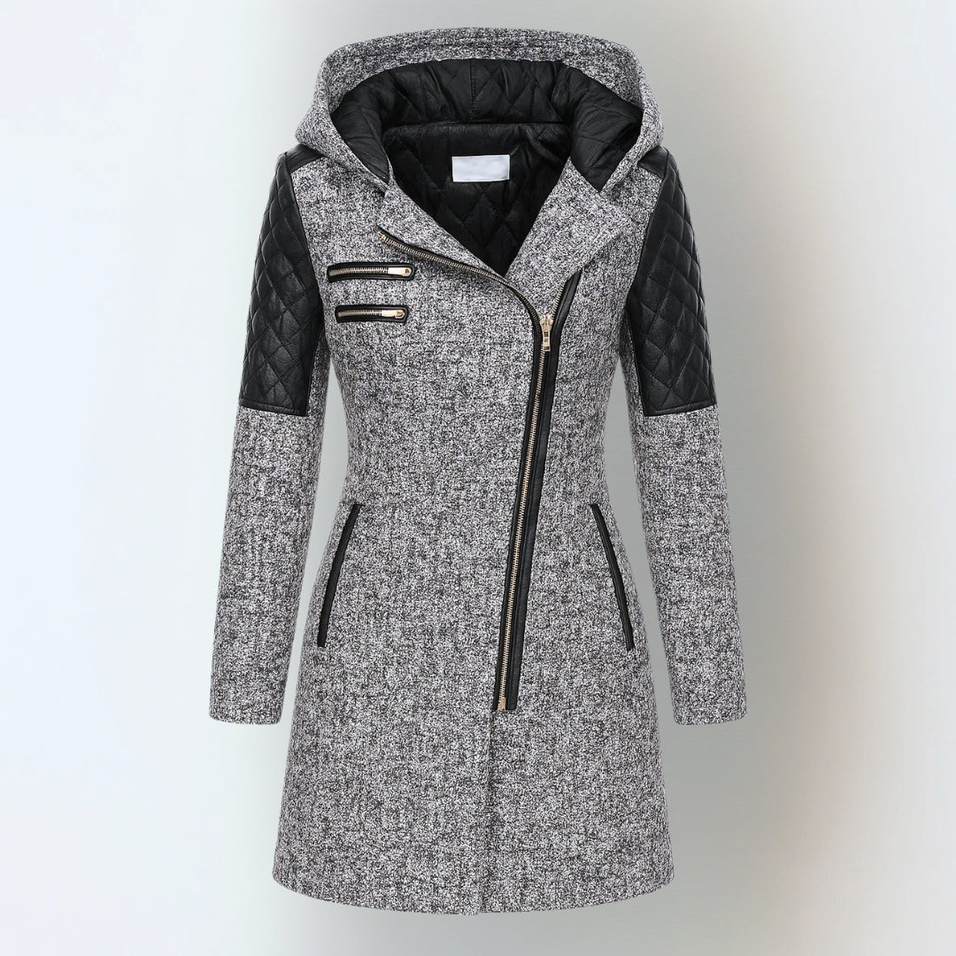 Valeria – Grauer Mantel mit Strickkapuze