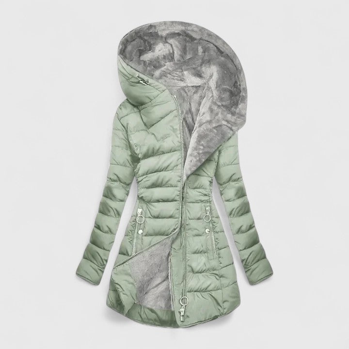 Cassia – Hellgrüne Steppjacke mit Musterkapuze