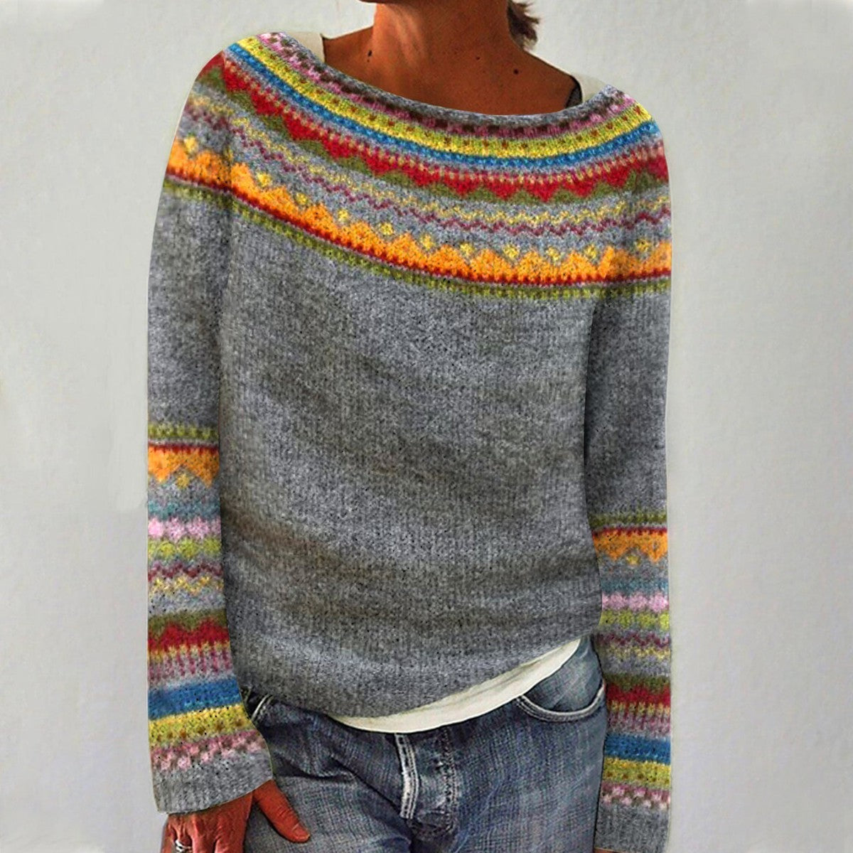 Elyse – Grauer Pullover mit Norwegermuster