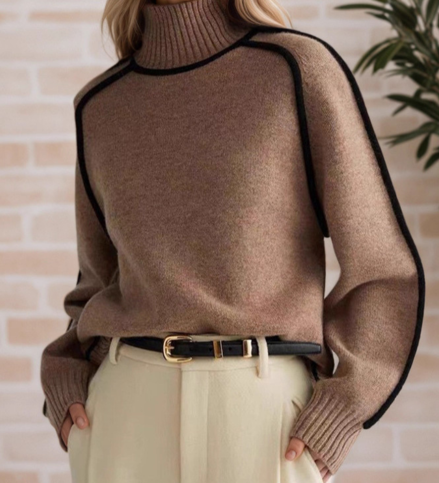 Donna – Brauner Rollkragenpullover mit Kontrastlinien