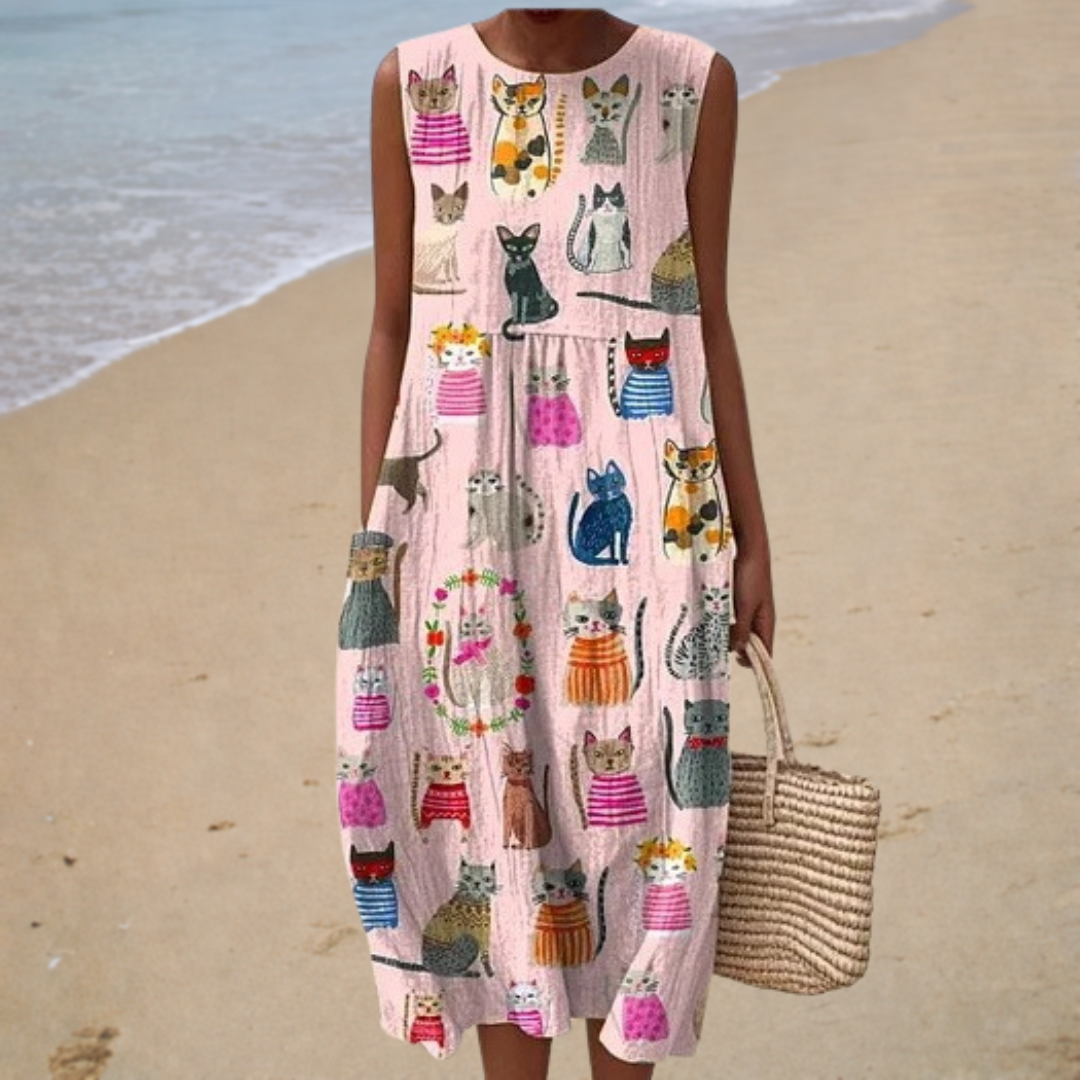 Colette – Rosafarbenes Kleid mit Katzenprint