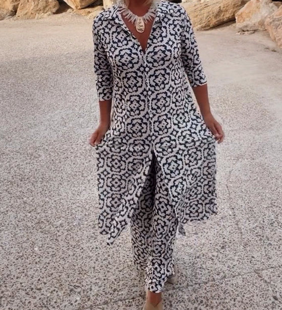Maeve – Schwarzweisser Jumpsuit mit Grafikmuster