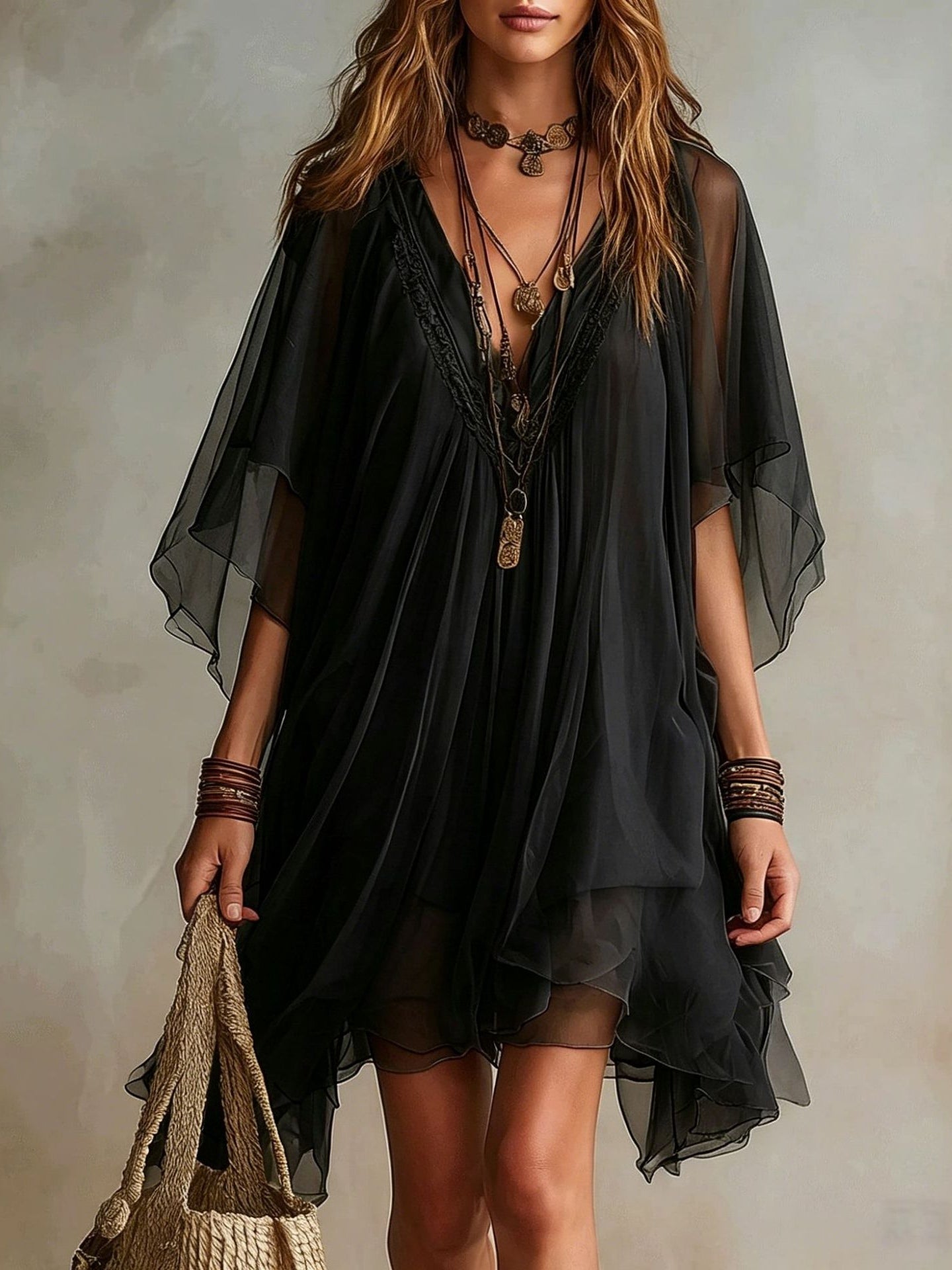 Gertrud – Salbeigrünes Lagenkleid mit Chiffonärmeln