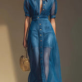 Sarah | Organza-Maxikleid mit Denim-Details