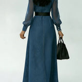 Sina | Denim-Maxikleid mit Patchwork- und Organza-Ärmeln