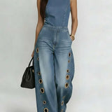 Klara | Weiter ärmelloser Denim-Jumpsuit