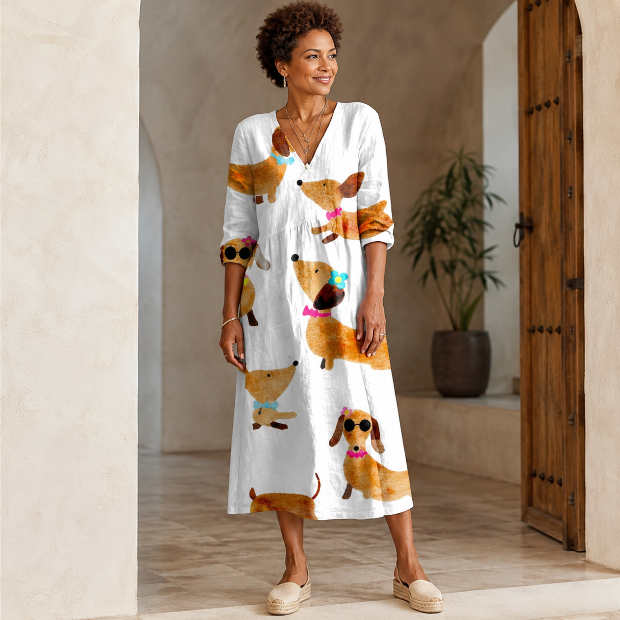 Annick – Weisses Kleid mit Hundeprint