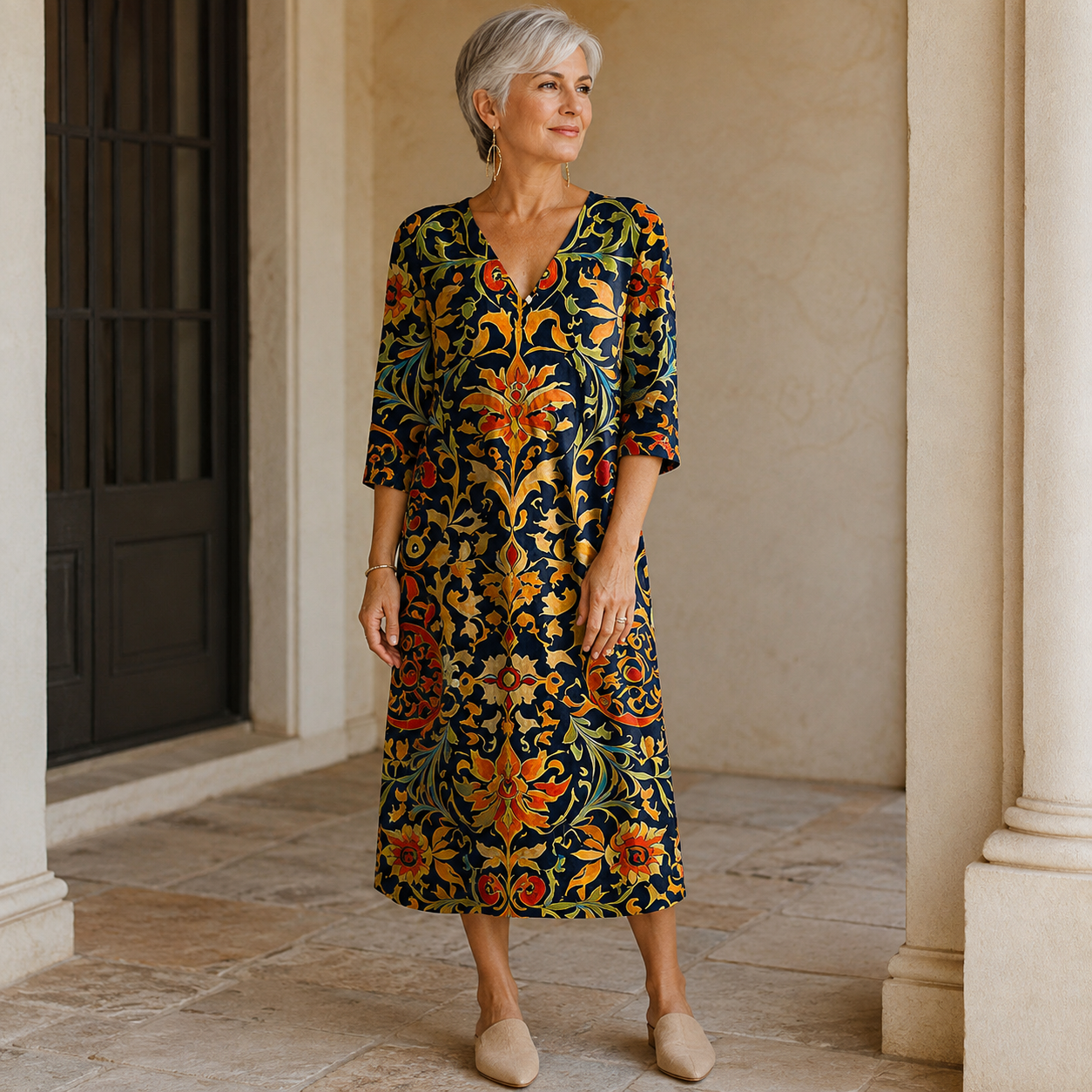 Monika – Schwarzes Kleid mit Ornamentprint