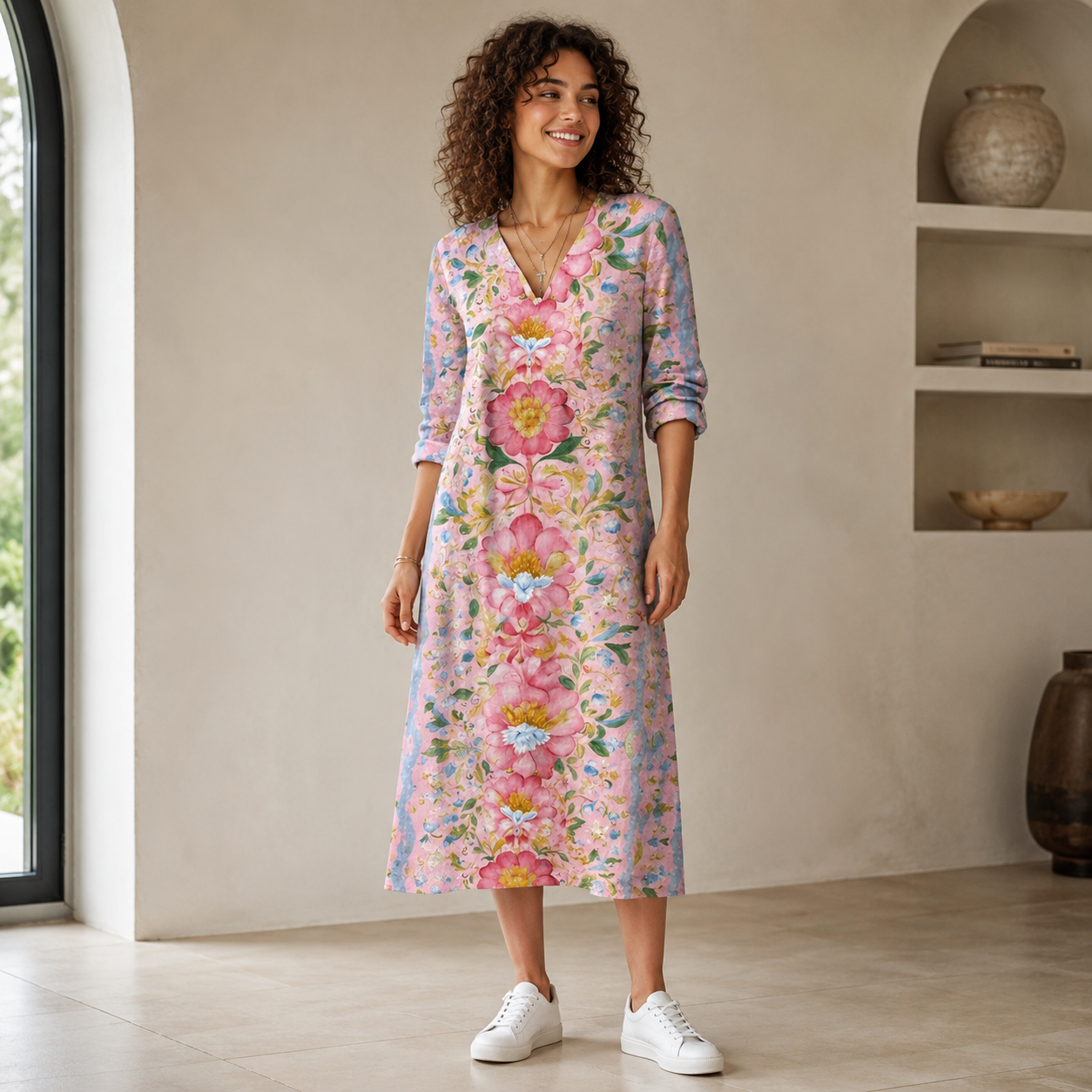 Nathalie – Rosafarbenes Kleid mit Blumenprint