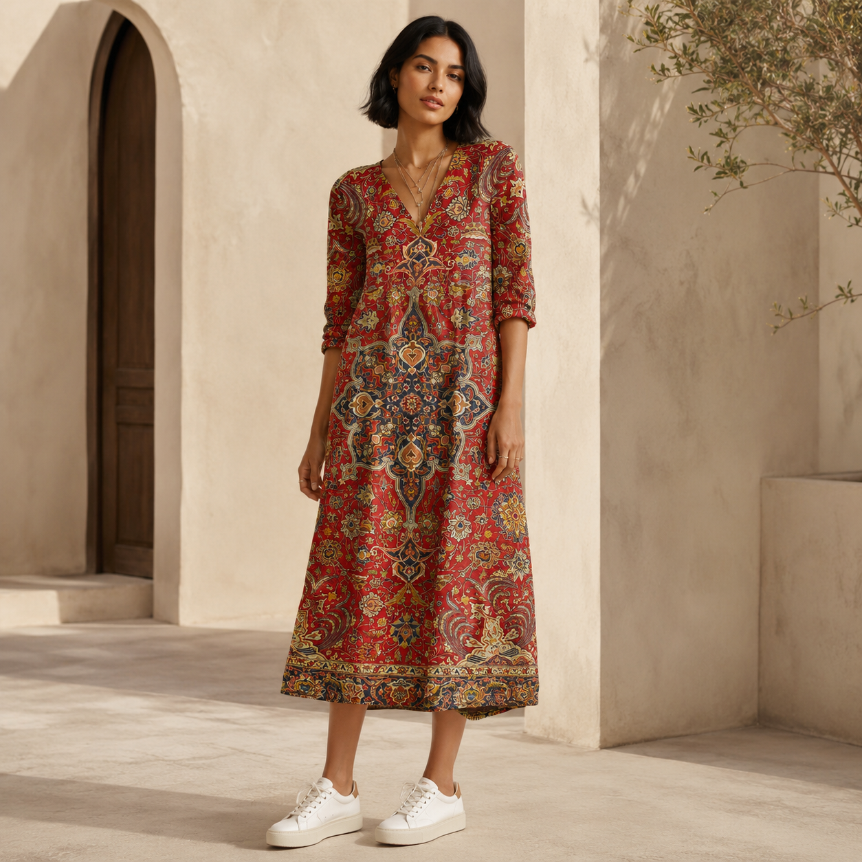 Sabine – Rotes Kleid mit Ornamentprint
