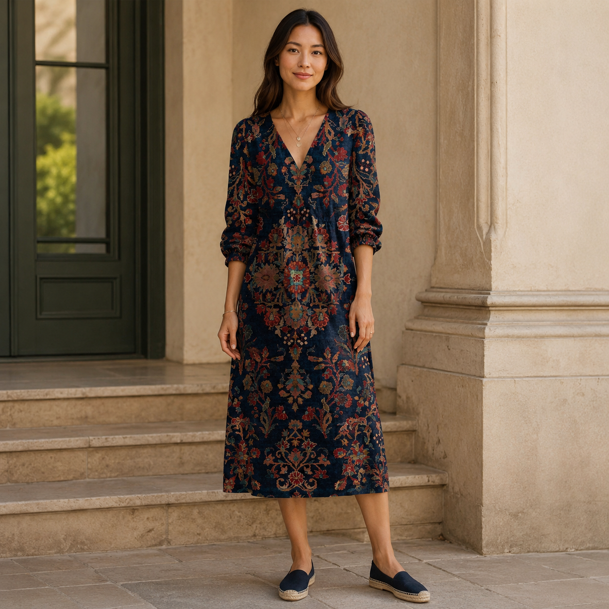 Claudia – Nachtblaues Kleid mit Ornamentprint