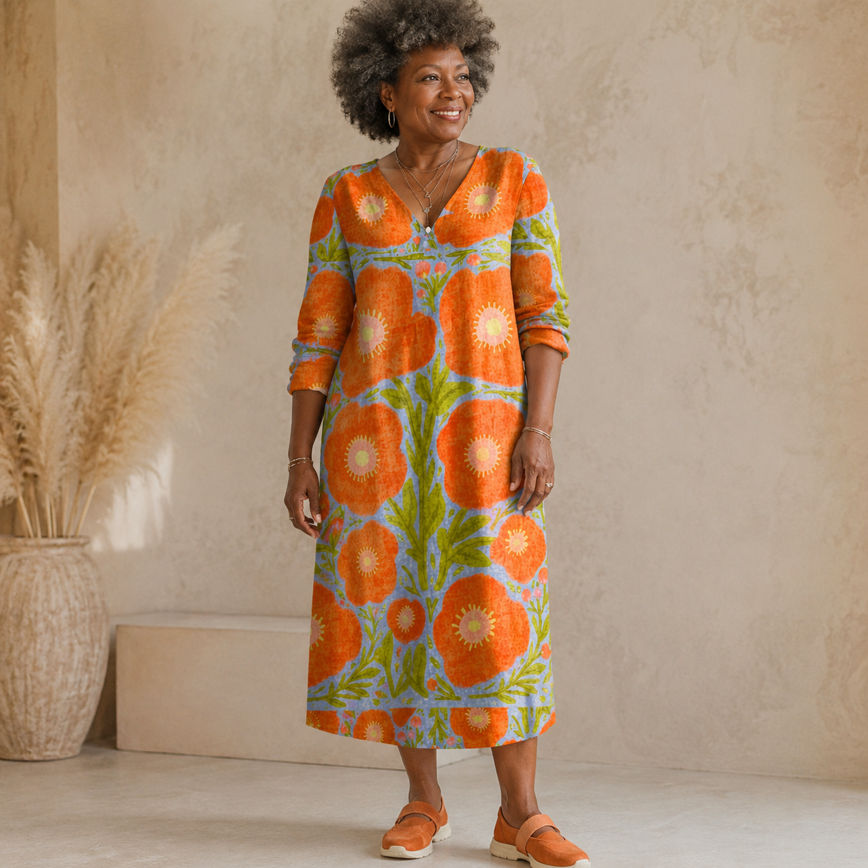 Leonie – Orangefarbenes Kleid mit Kreismuster