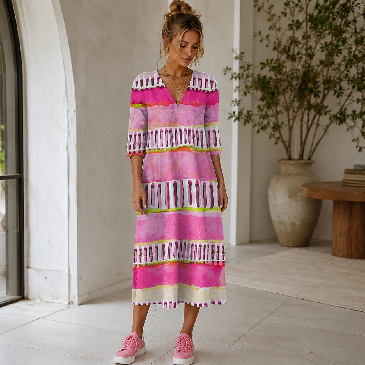 Fabienne – Rosafarbenes Kleid mit Streifen