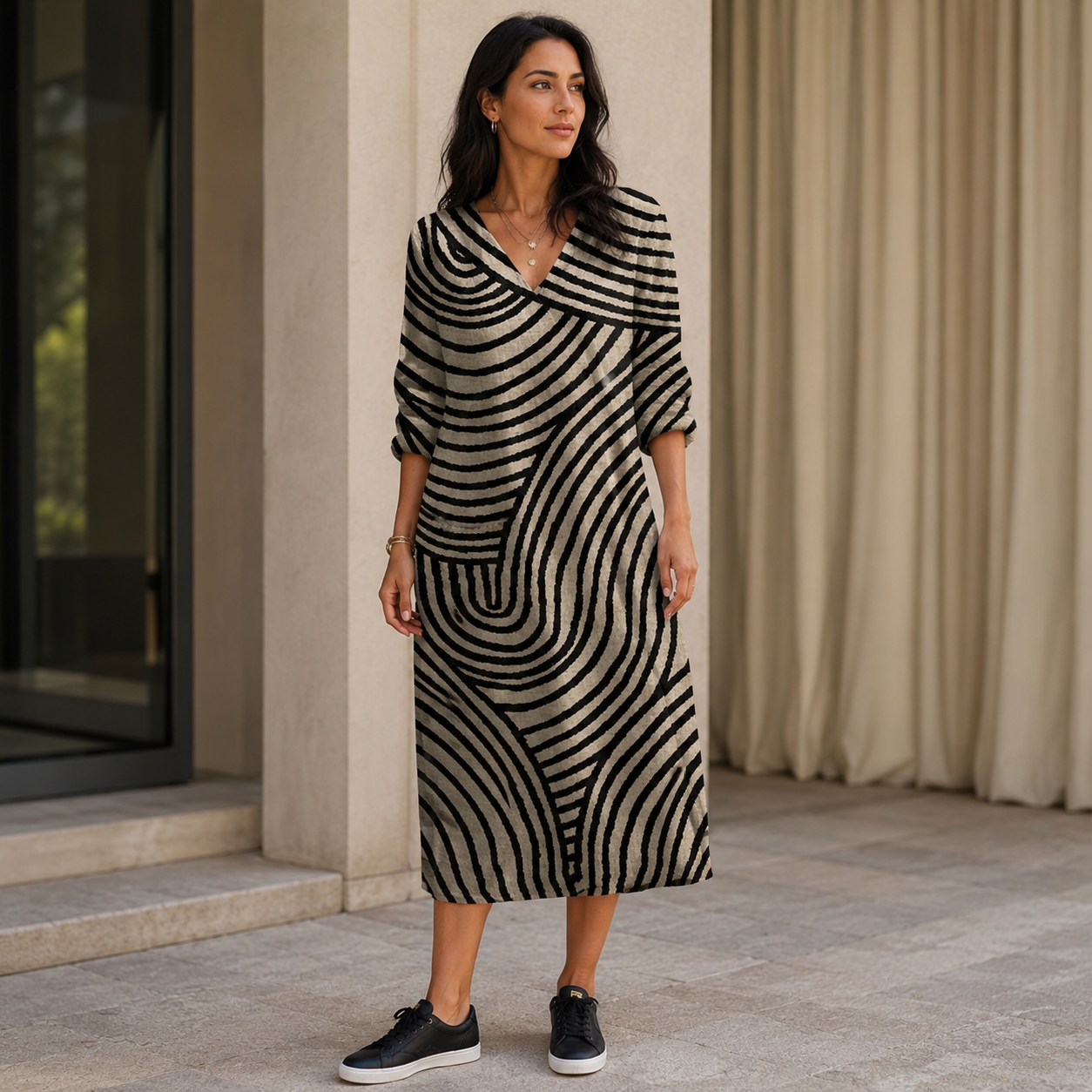 Corinne – Schwarz-weisses Kleid mit Wellenprint