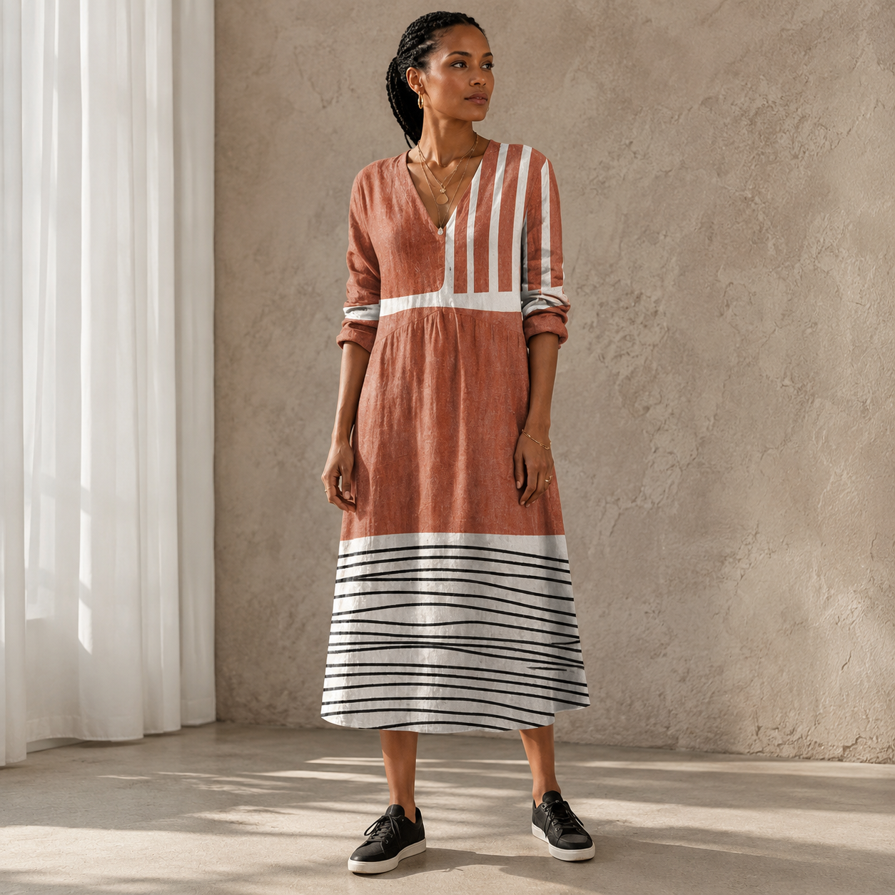 Martina – Terrakotta-Kleid mit Streifensaum