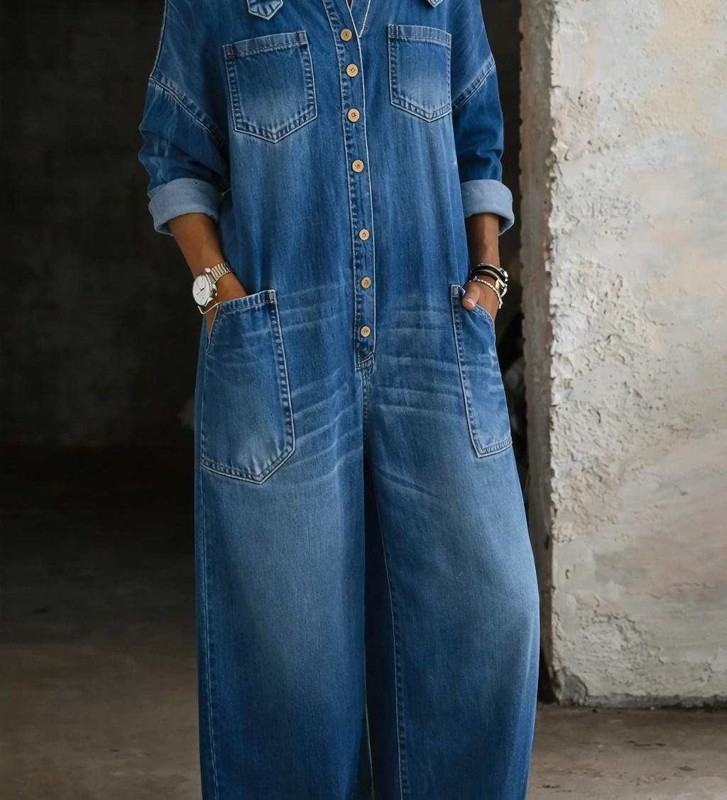 Sophia – Blauer Denim-Jumpsuit mit Schulterdetails