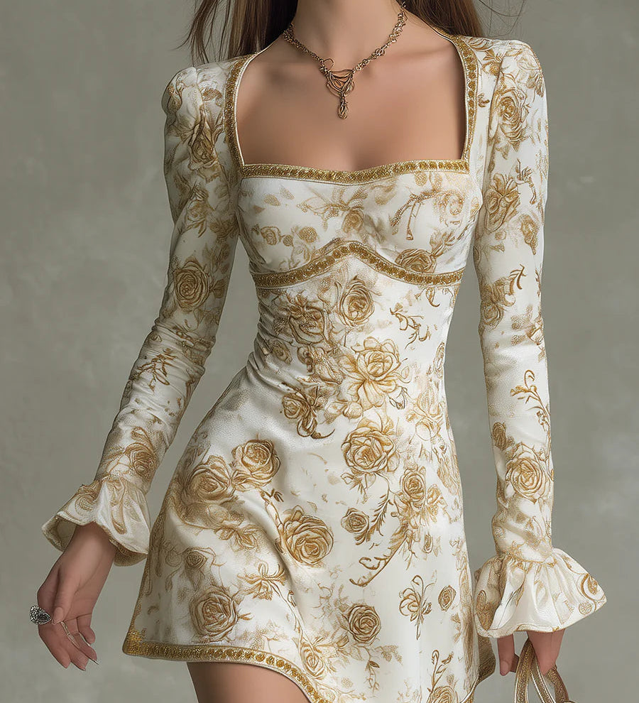 Cäcilia – Samtkleid mit goldenem Rosenmuster