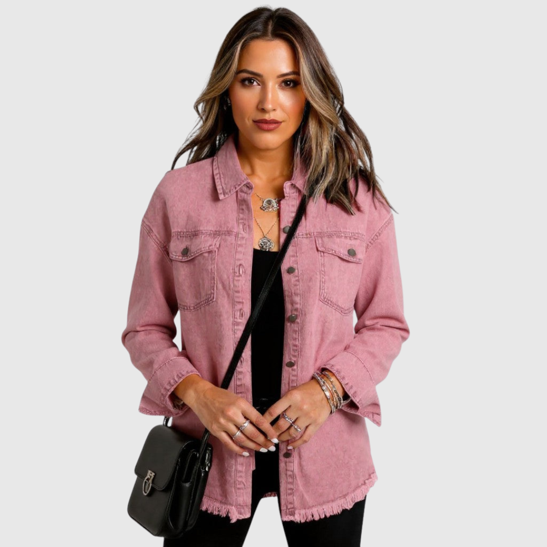 Nova – Rosafarbene Denimjacke mit Fransensaum