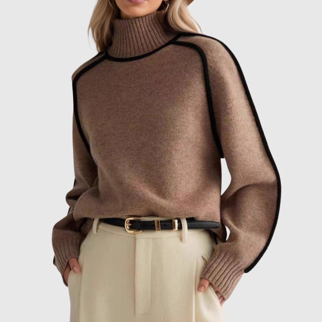 Donna – Brauner Rollkragenpullover mit Kontrastlinien