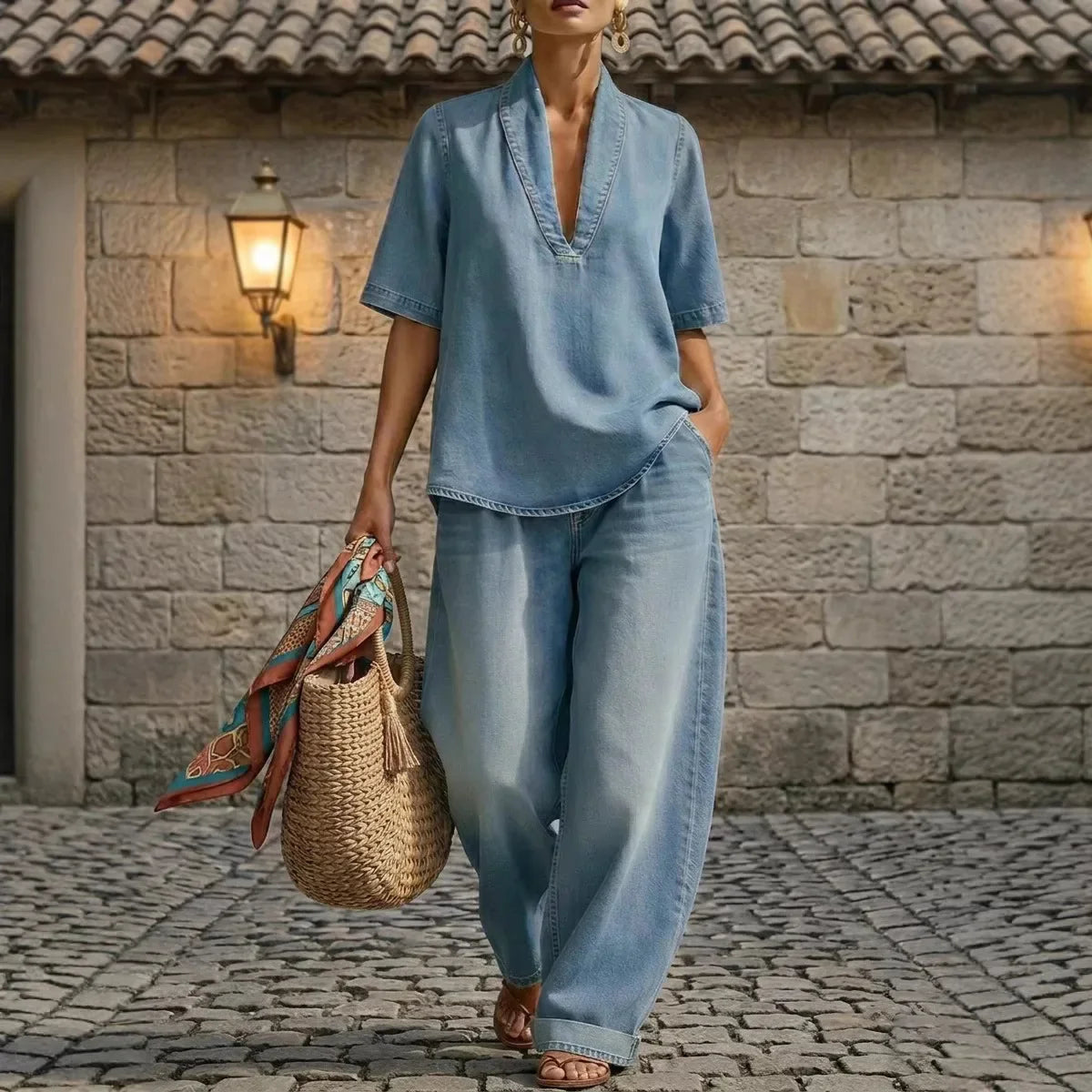 Céleste – Denim-Set mit weitem Hosenschnitt