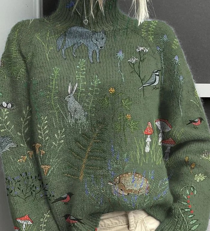 Emyra – Grüner Pullover mit Waldstickerei