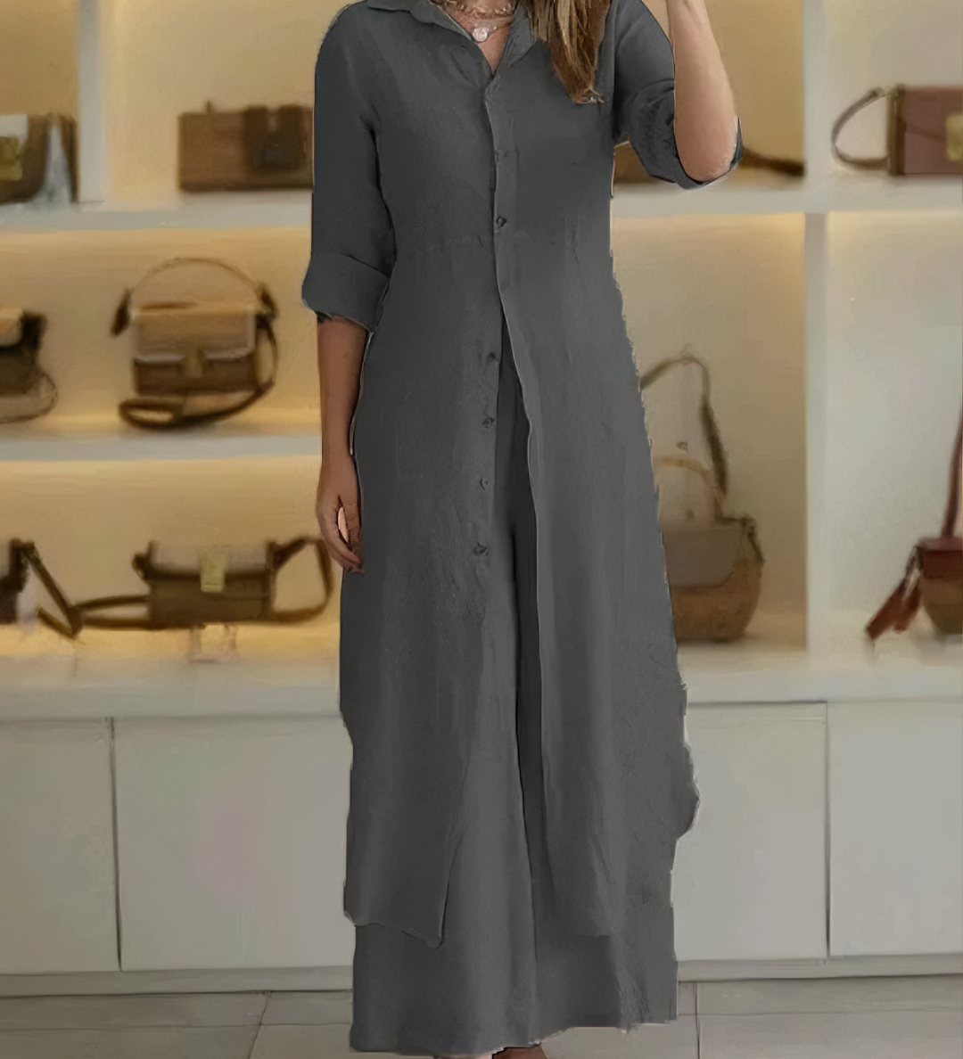 Vienna – Beiges Hemdblusenkleid in Maxilänge