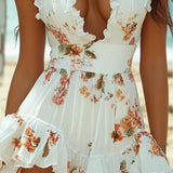 Elegantes Blumenkleid mit V-Ausschnitt und asymmetrischem Saum