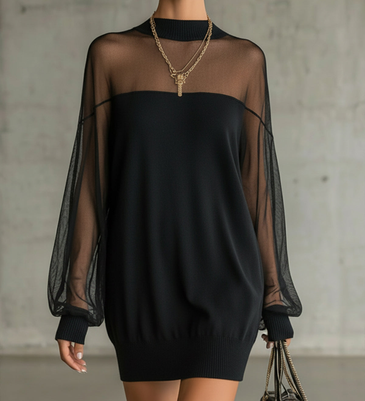 Theresia – Schwarzes Kleid mit transparenten Ärmeln