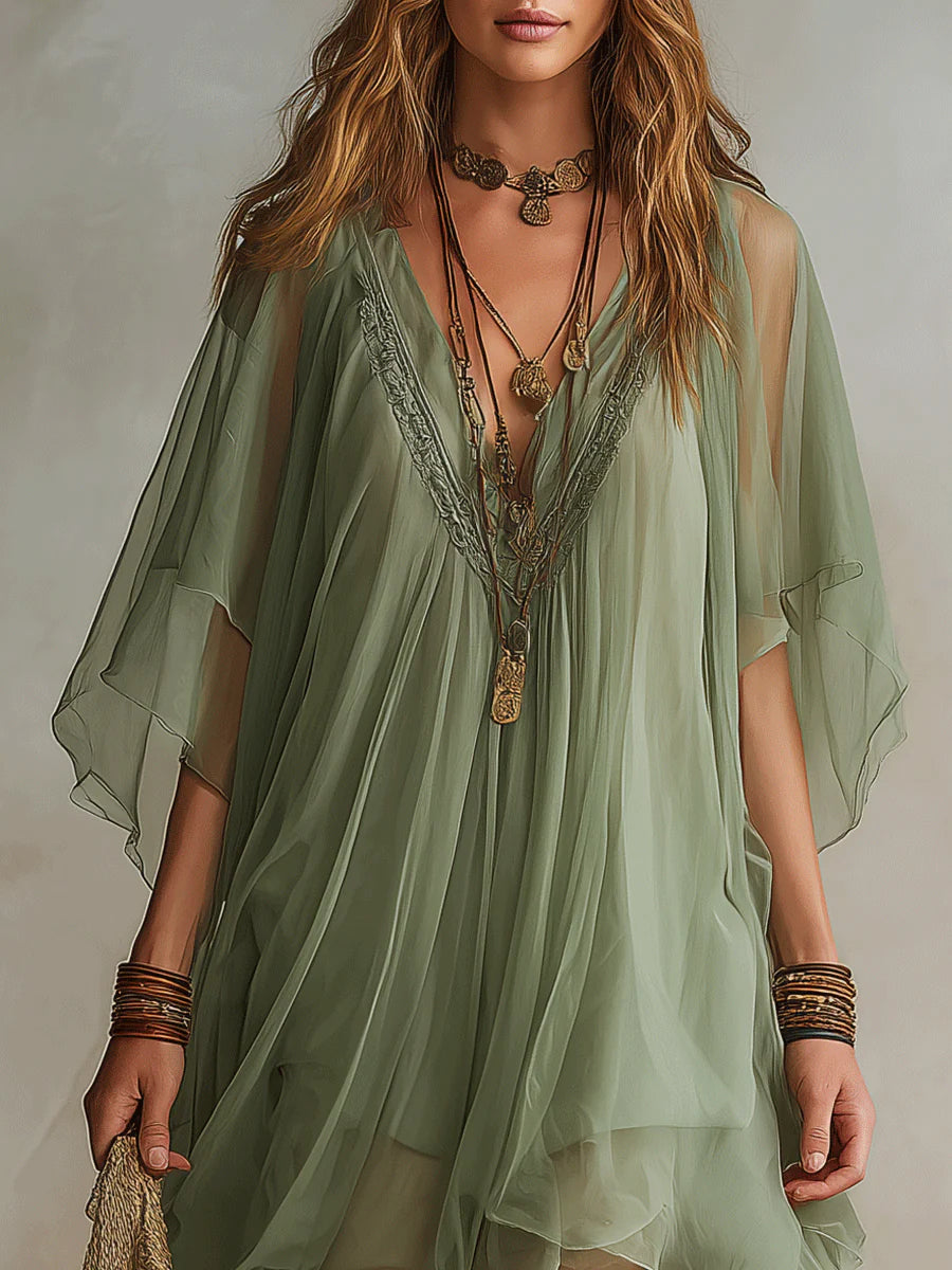Gertrud – Salbeigrünes Lagenkleid mit Chiffonärmeln