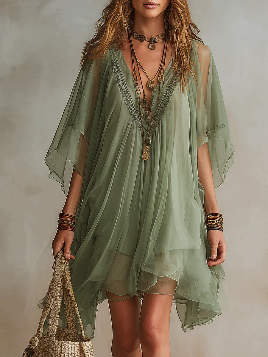 Gertrud – Salbeigrünes Lagenkleid mit Chiffonärmeln