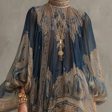 Minikleid mit asymmetrischem Schnitt und barockem Print in Marineblau mit hohem Kragen