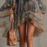 Minikleid mit asymmetrischem Schnitt und barockem Print in Marineblau mit hohem Kragen