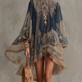 Minikleid mit asymmetrischem Schnitt und barockem Print in Marineblau mit hohem Kragen