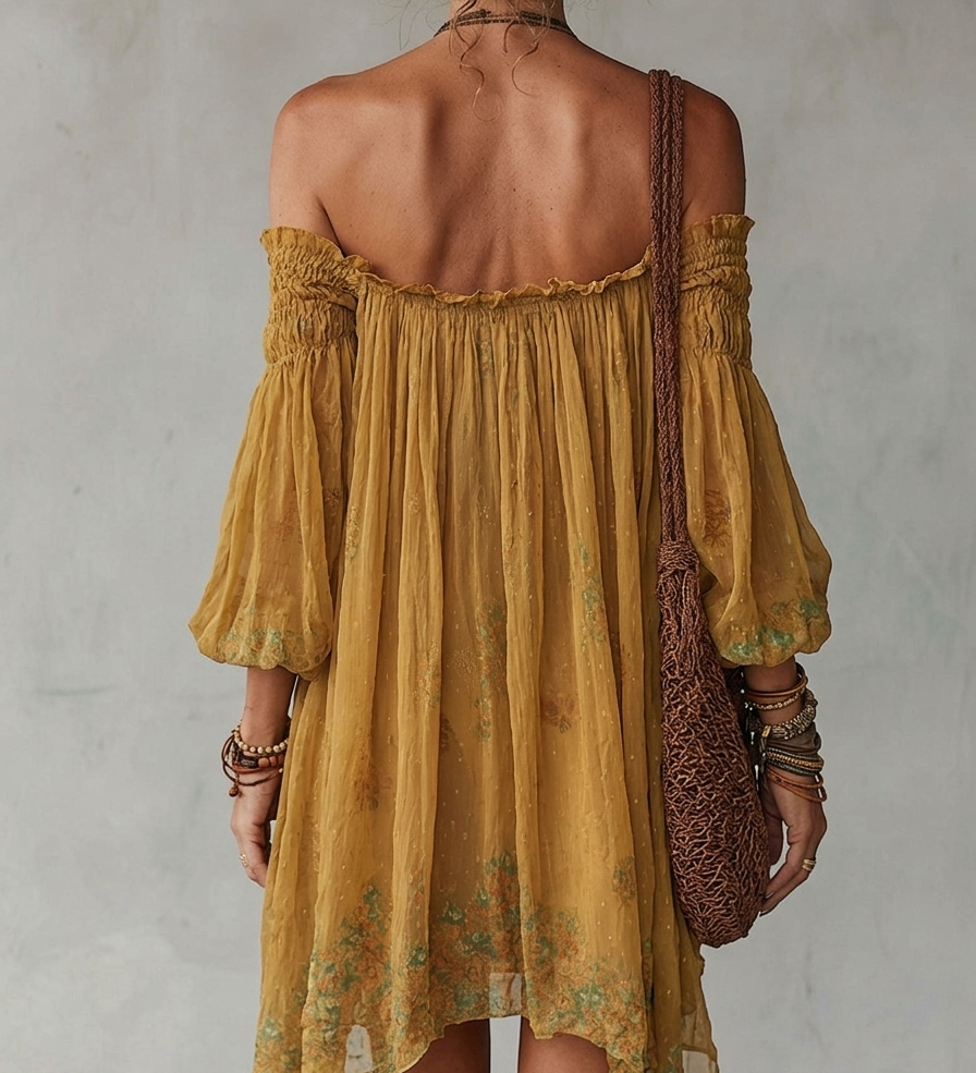 Bernadette – Schulterfreies Kleid mit Blumenstickerei