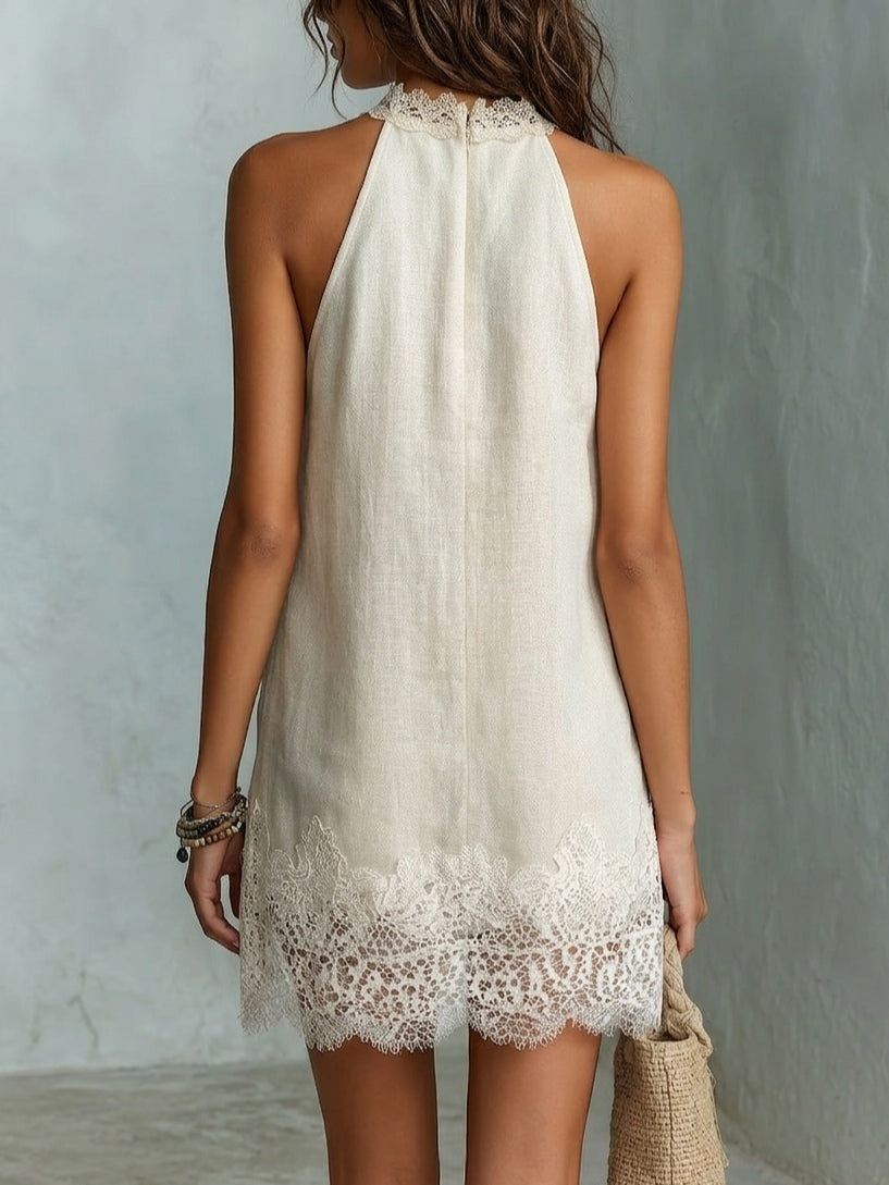Johanna – Cremeweisses Neckholder-Kleid mit Spitzenbesatz