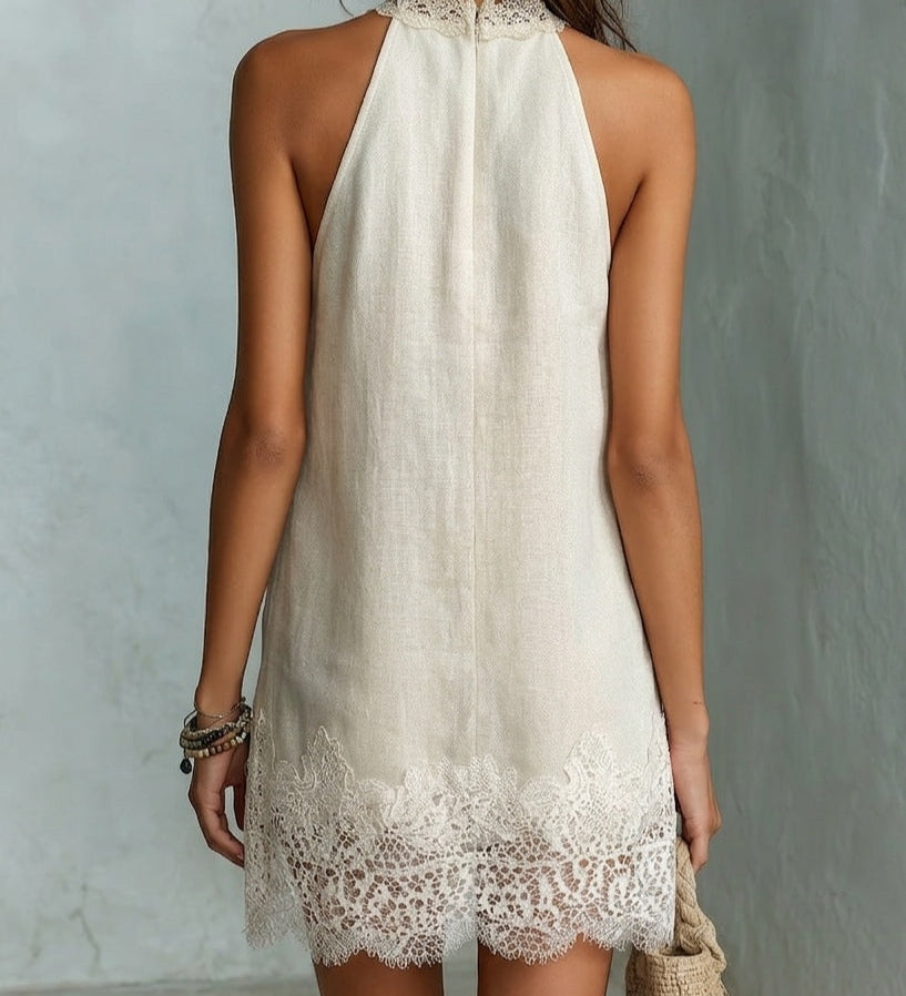 Johanna – Cremeweisses Neckholder-Kleid mit Spitzenbesatz
