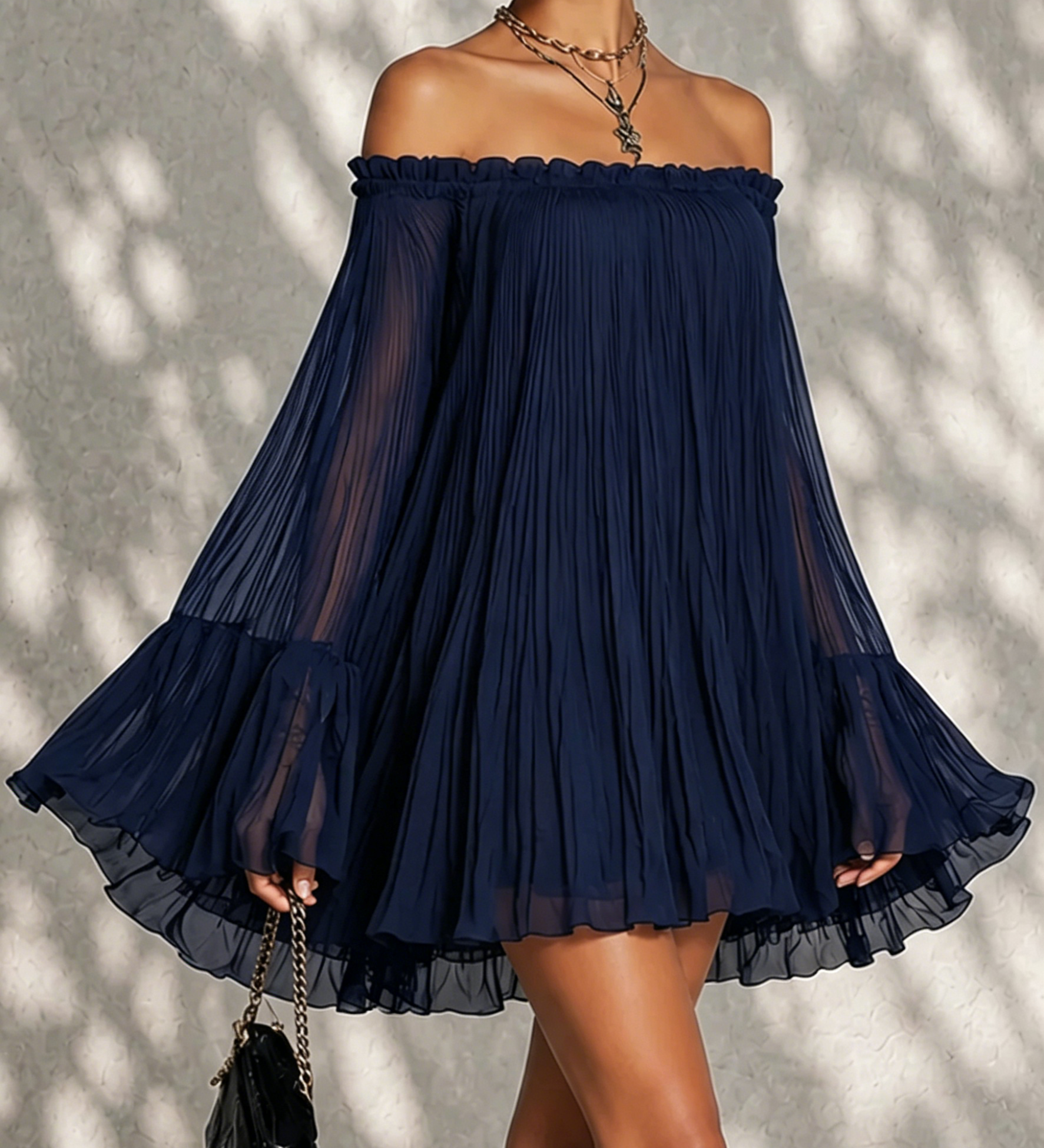 Friederike – Schulterfreies Chiffonkleid mit Glockenärmeln