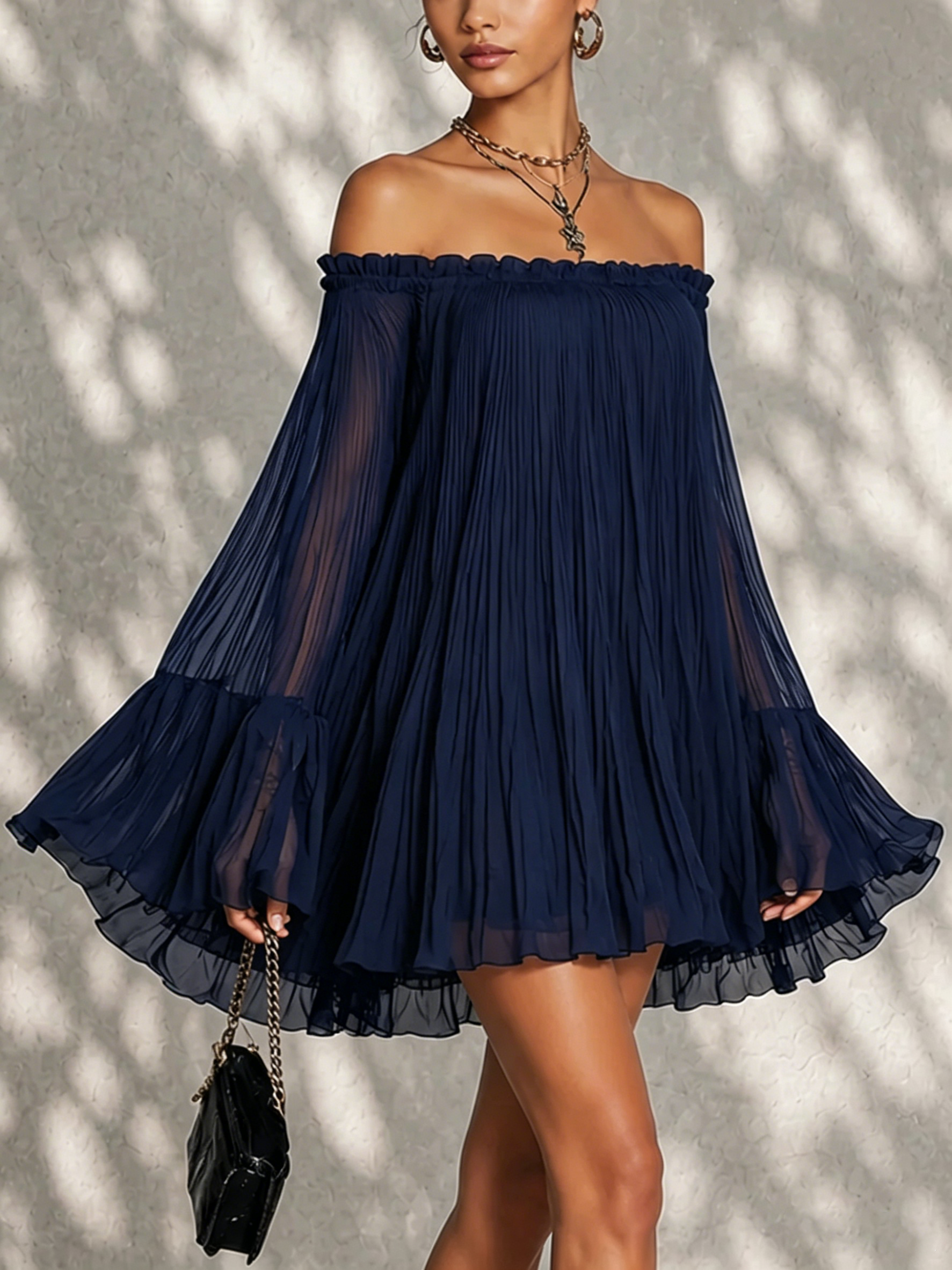 Friederike – Schulterfreies Chiffonkleid mit Glockenärmeln