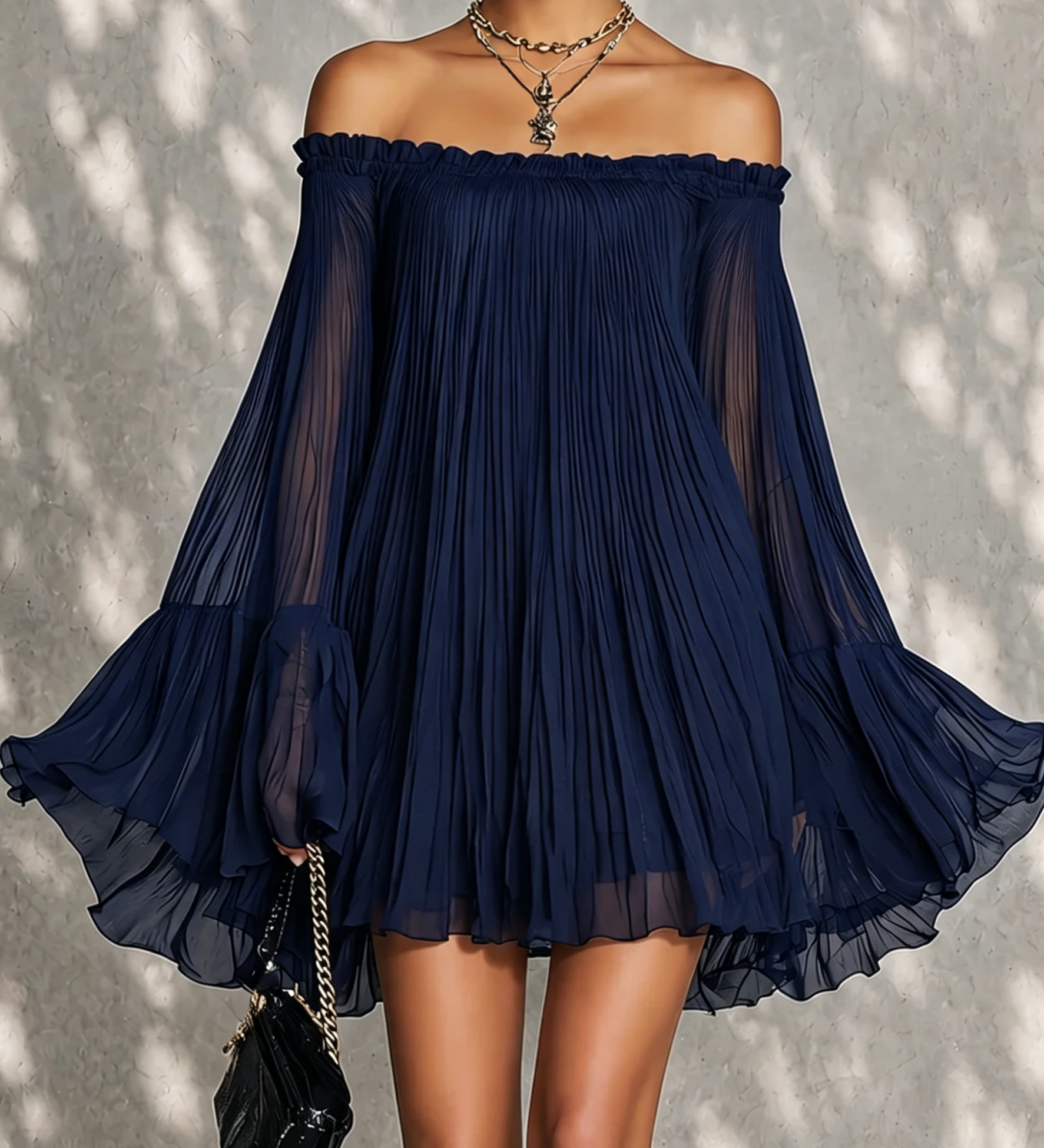 Friederike – Schulterfreies Chiffonkleid mit Glockenärmeln