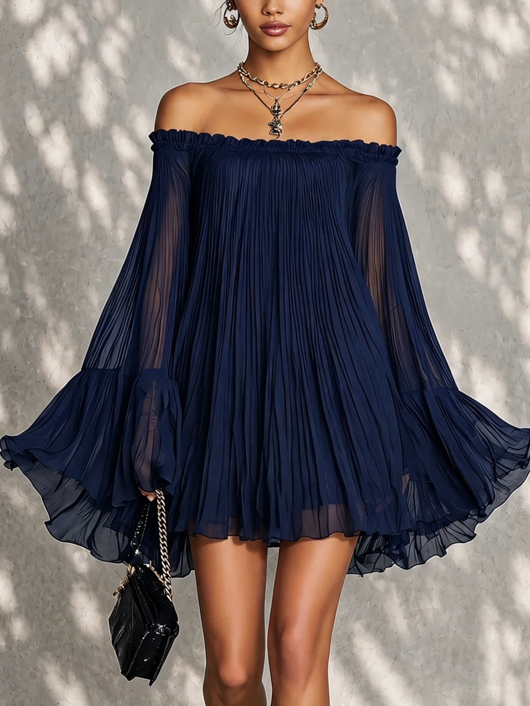 Friederike – Schulterfreies Chiffonkleid mit Glockenärmeln