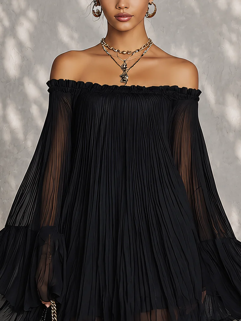 Gudrun – Schwarzes Chiffonkleid mit Glockenärmeln