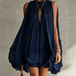 Anneliese – Marineblaues Chiffonkleid mit Volants
