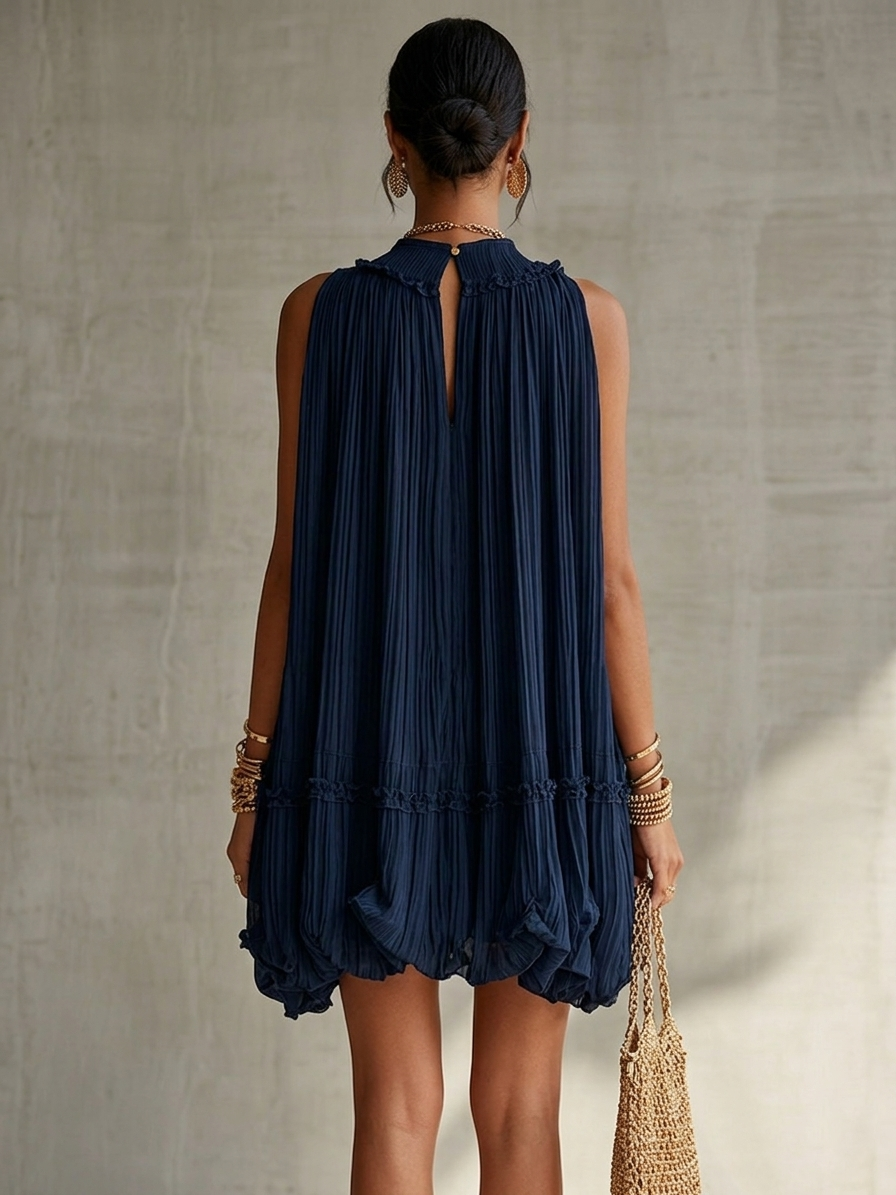 Anneliese – Marineblaues Chiffonkleid mit Volants