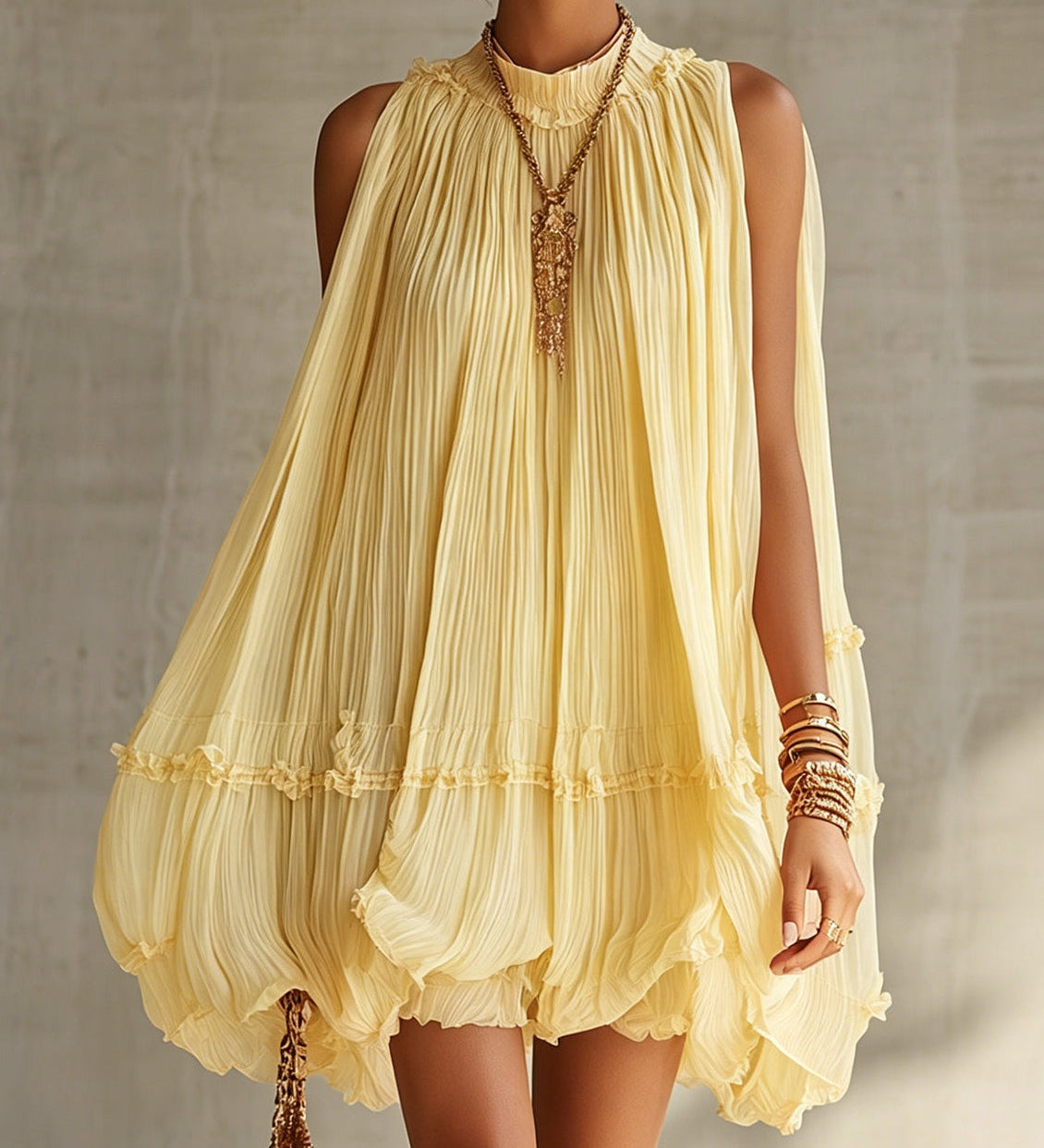 Beatrix – Gelbes Chiffonkleid mit Volants