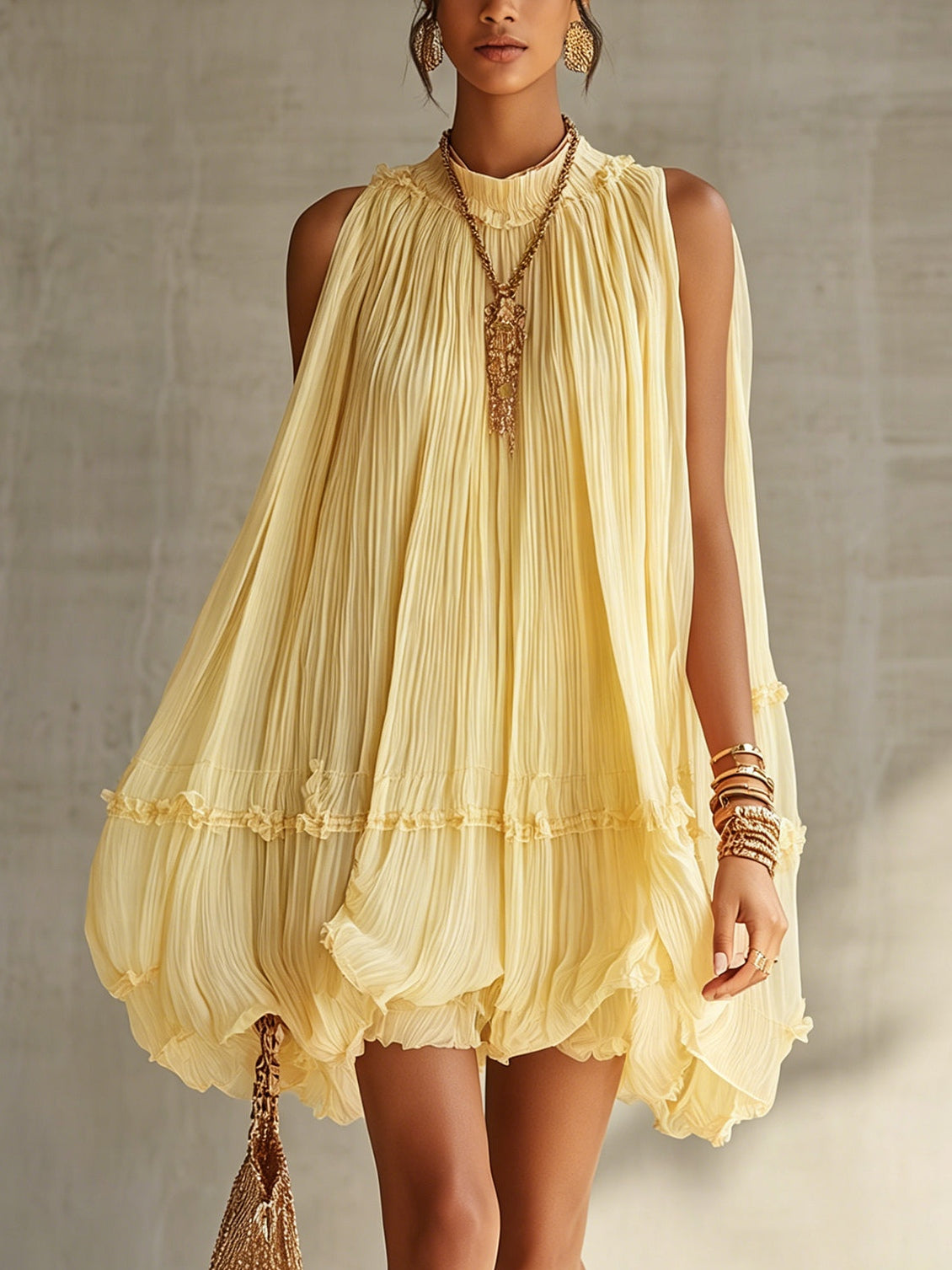 Beatrix – Gelbes Chiffonkleid mit Volants