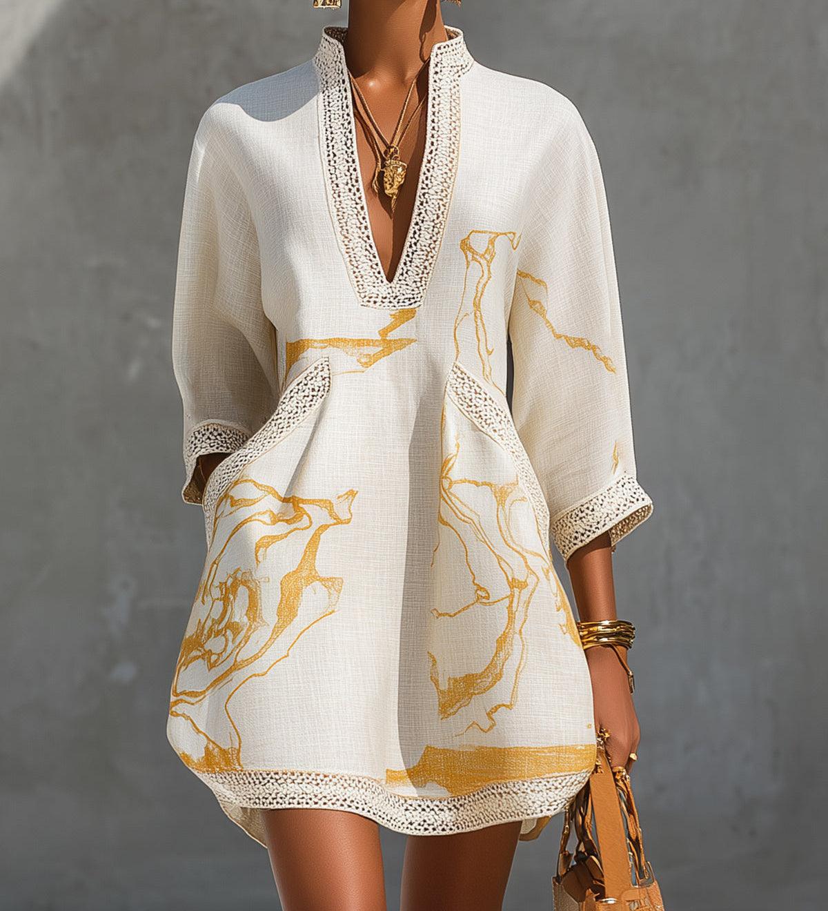 Eliane – Weisses Tunika-Kleid mit Goldprint